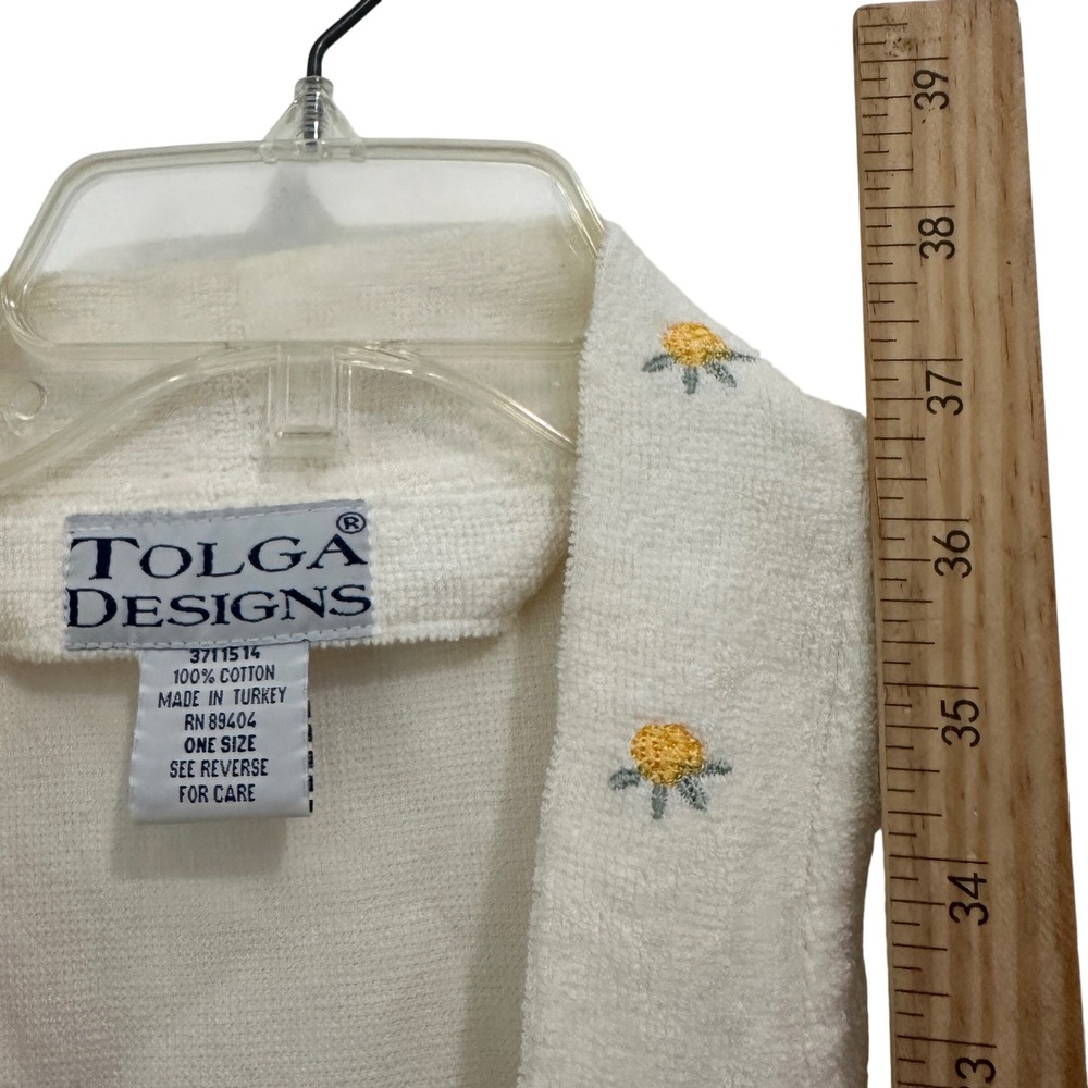 Cotton Terry Robe Cream Embroidered Rosebud Shawl Collar Cottagecore Tolga OS - Picture 8 of 10